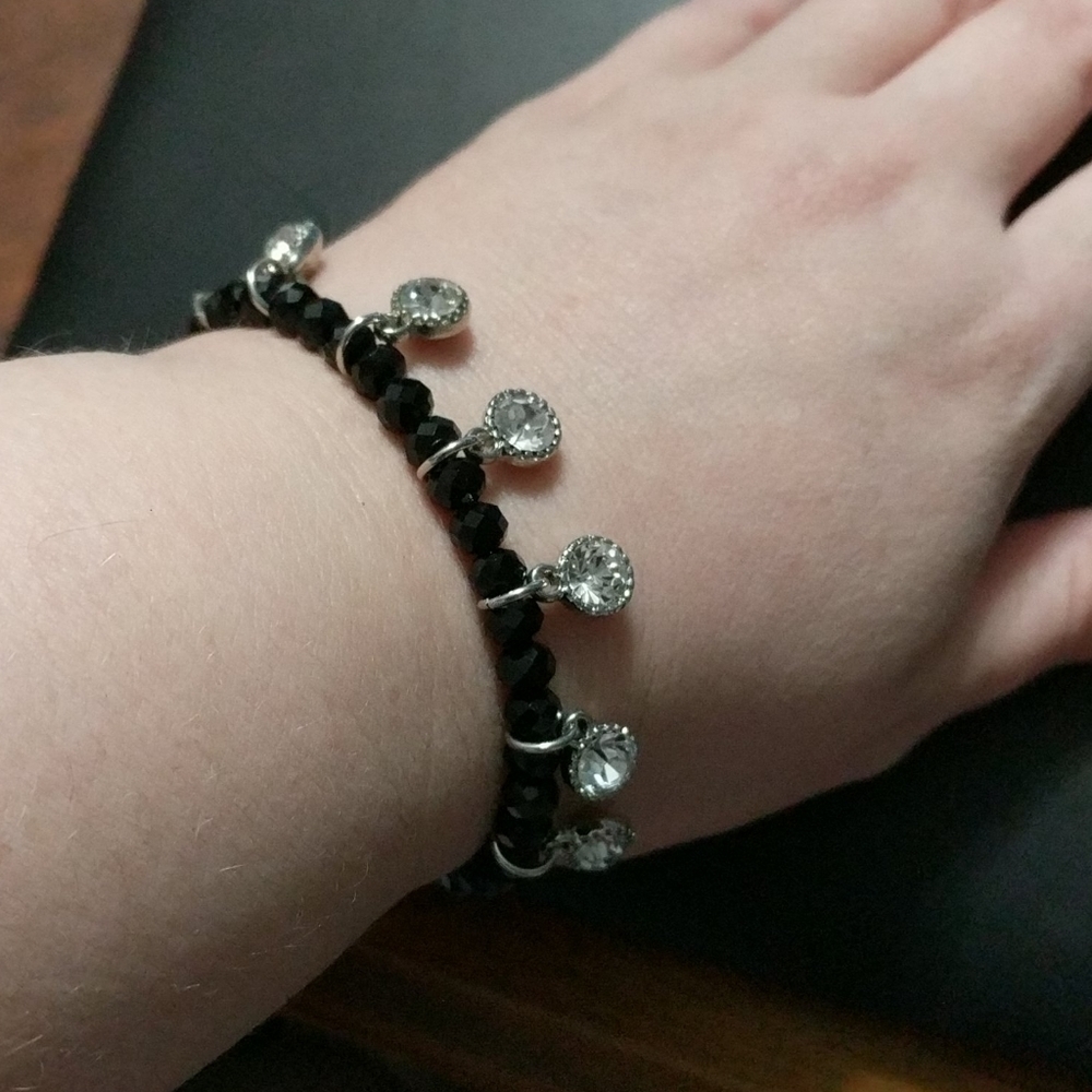 Silver Tone Black Bead Clear Rhinestone Magnetic Clasp Statement Bracelet